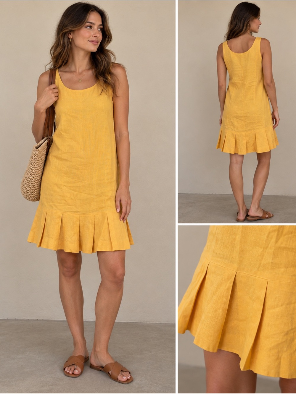 Ellen Tracy 100% Linen Sleeveless Peplum Mini Dress Mustard Yellow Size 12